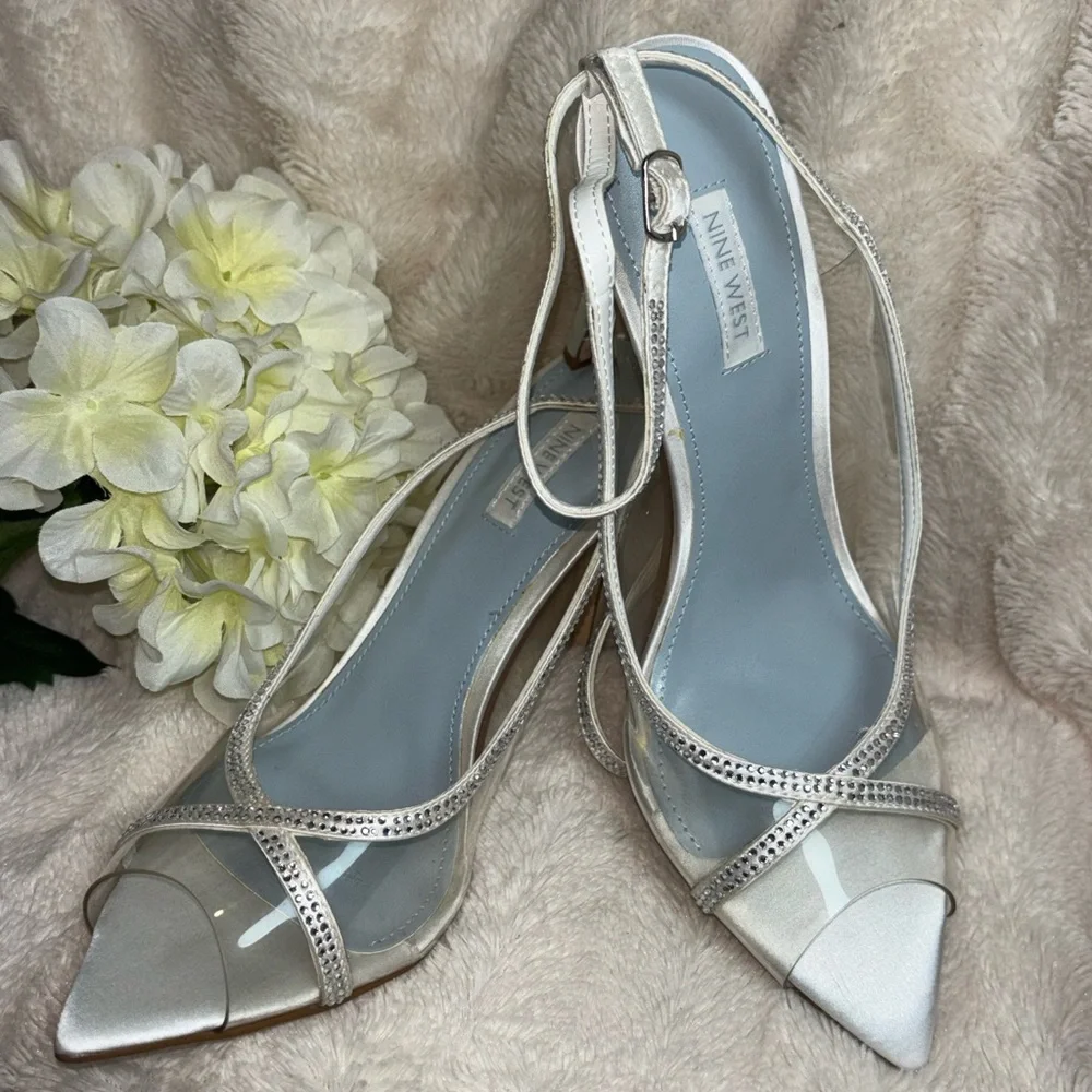 Nine West Silver Strappy Heels size 9 white color